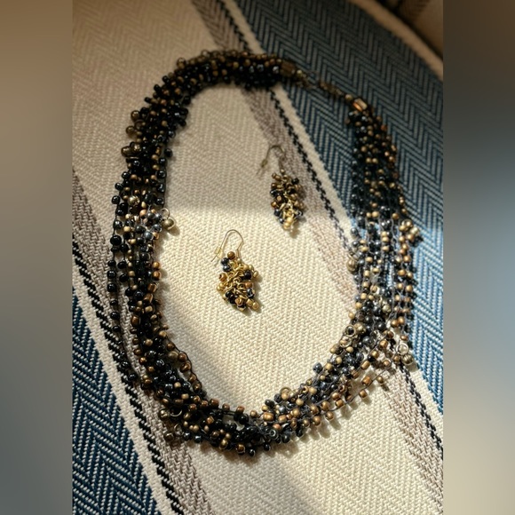 Blue, Bronze and Gold-Colored Bead Necklace and Earrings Set - Picture 3 of 8